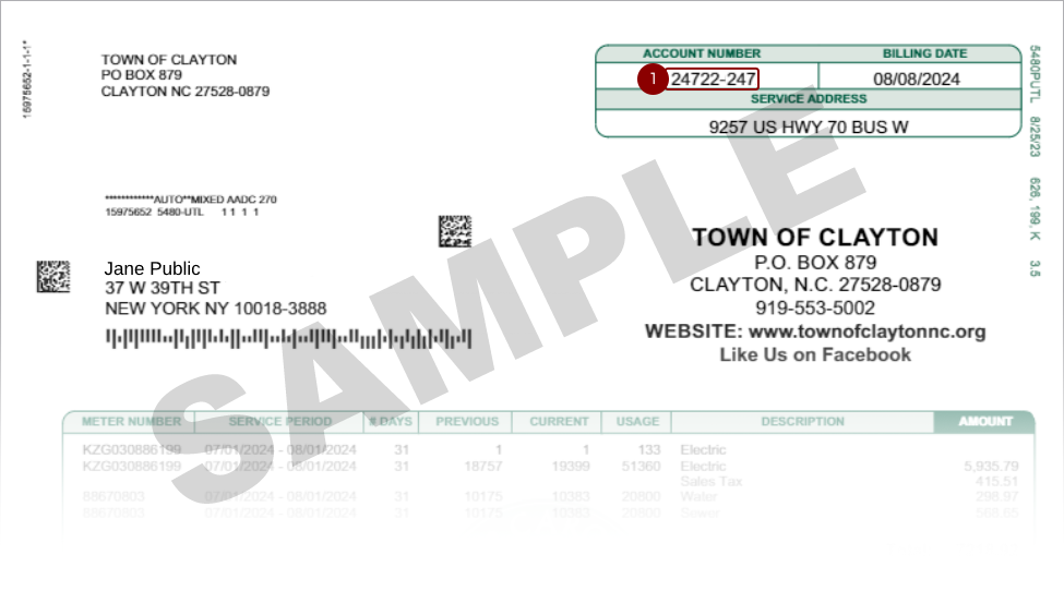 Sample Clayton Utility bill with the account number highlighted